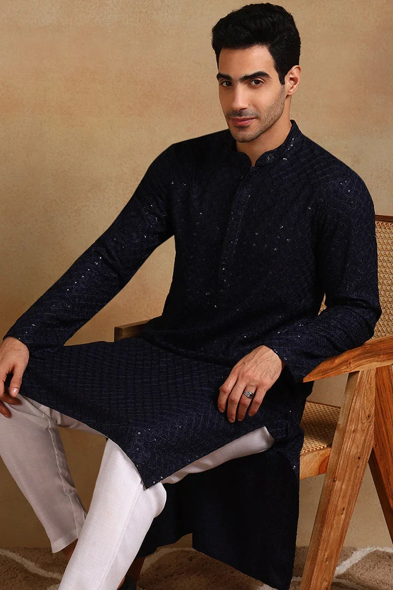 Navy Blue Viscose Rayon Solid Embroidered Straight Kurta For Men MKU1011BLU