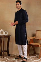 Navy Blue Viscose Rayon Solid Embroidered Straight Kurta For Men MKU1011BLU