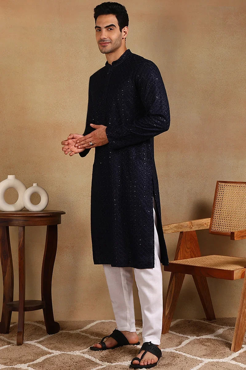 Navy Blue Viscose Rayon Solid Embroidered Straight Kurta For Men MKU1011BLU