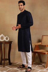 Navy Blue Viscose Rayon Solid Embroidered Straight Kurta For Men MKU1011BLU