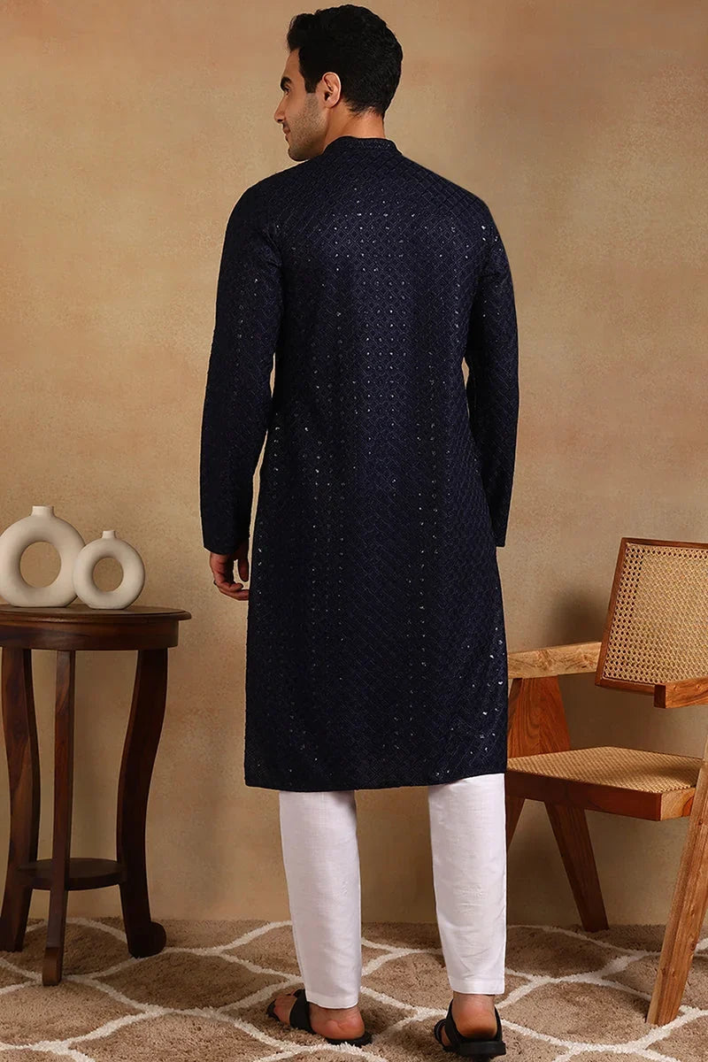 Navy Blue Viscose Rayon Solid Embroidered Straight Kurta For Men MKU1011BLU