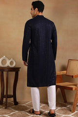 Navy Blue Viscose Rayon Solid Embroidered Straight Kurta For Men MKU1011BLU