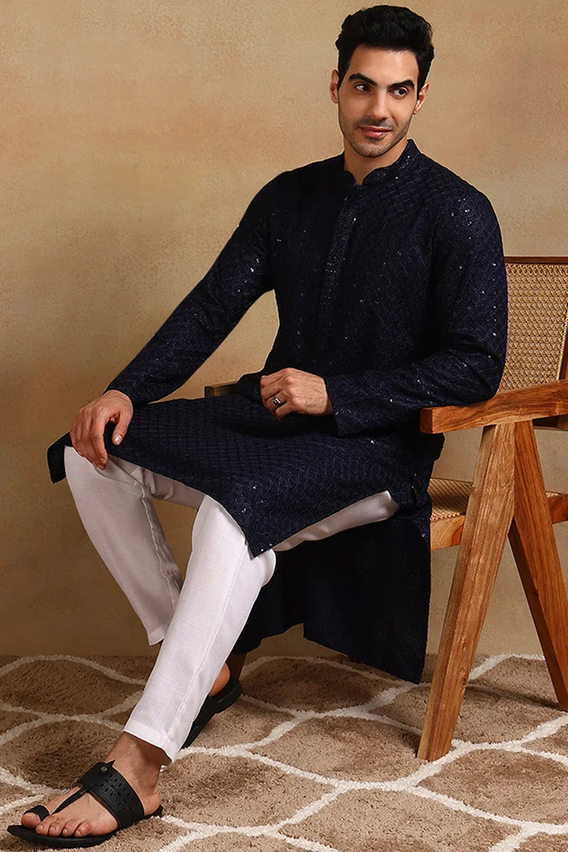 Navy Blue Viscose Rayon Solid Embroidered Straight Kurta For Men MKU1011BLU
