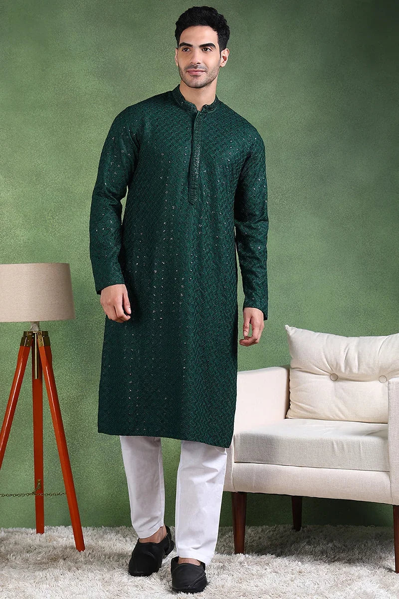 Green Viscose Rayon Solid Embroidered Straight Kurta For Men MKU1011GRN