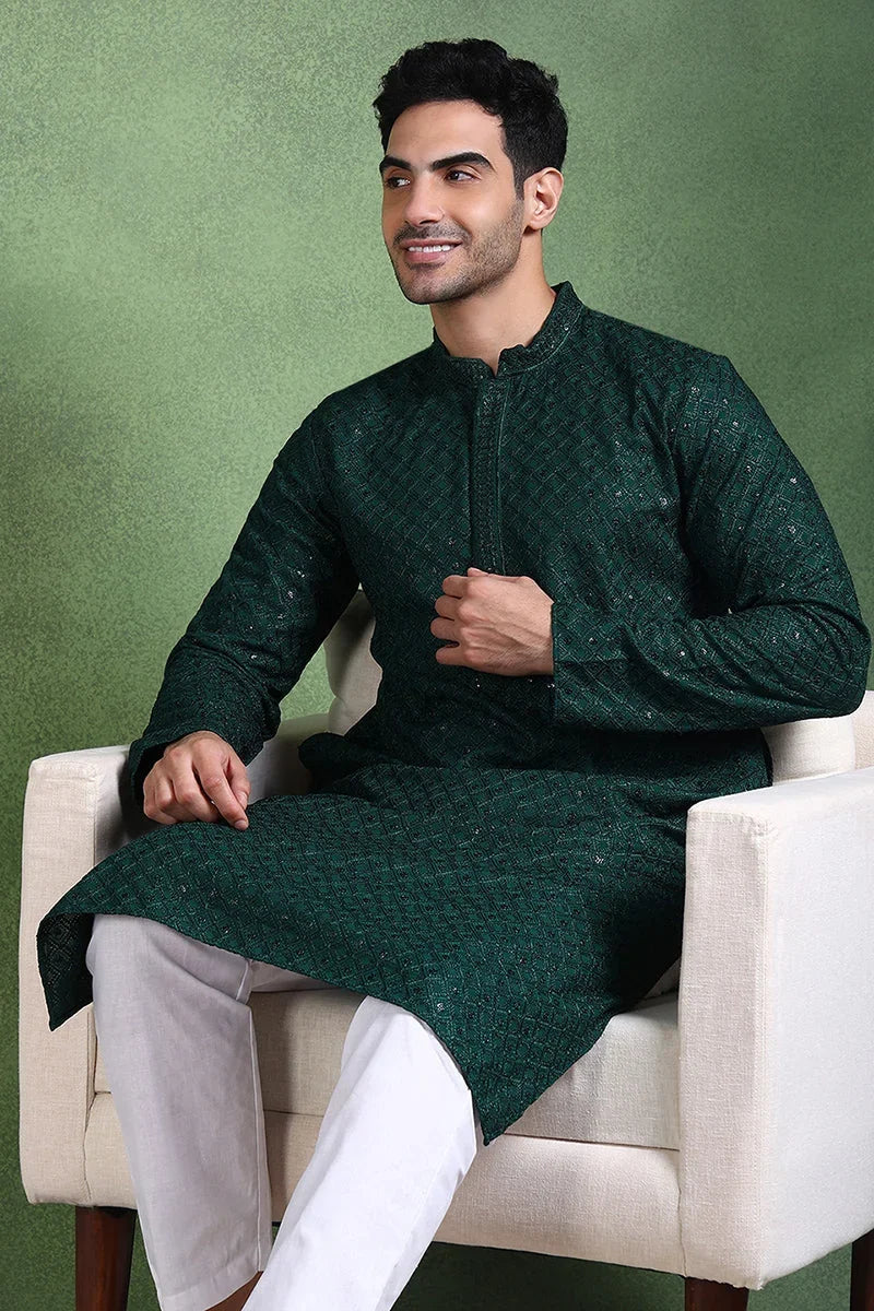 Green Viscose Rayon Solid Embroidered Straight Kurta For Men MKU1011GRN