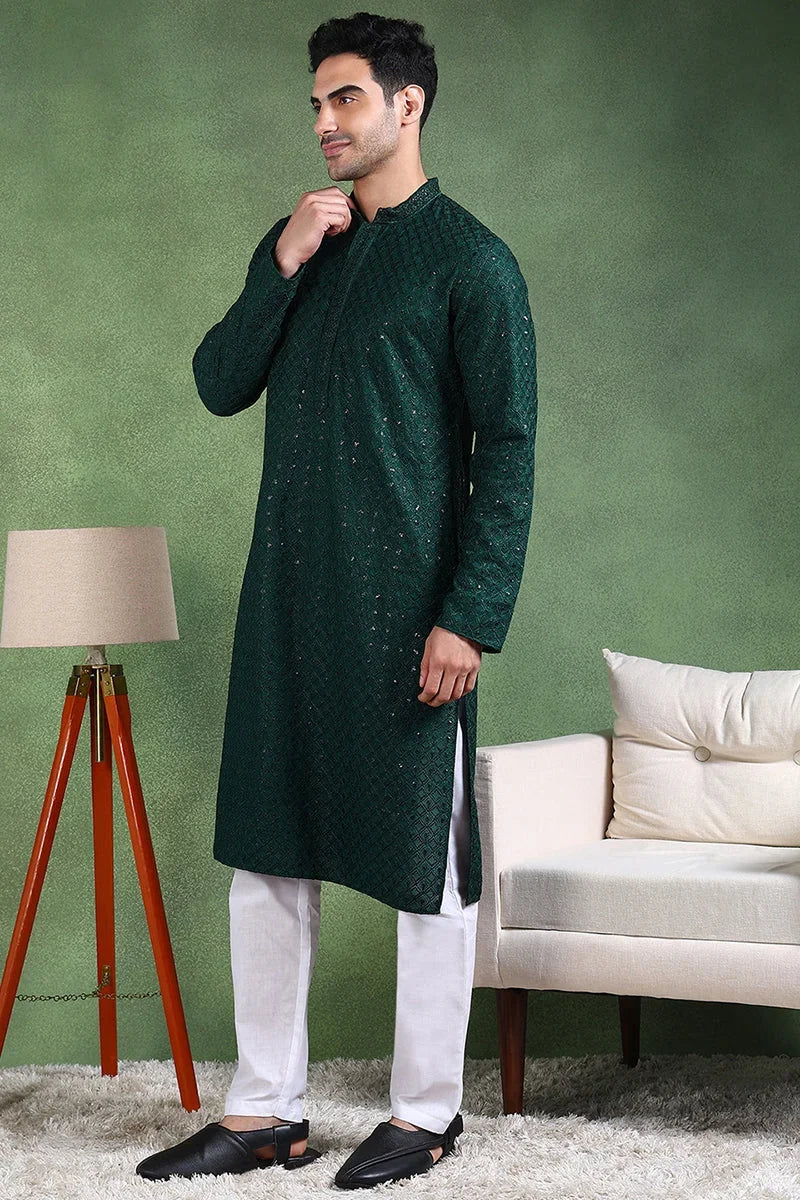 Green Viscose Rayon Solid Embroidered Straight Kurta For Men MKU1011GRN