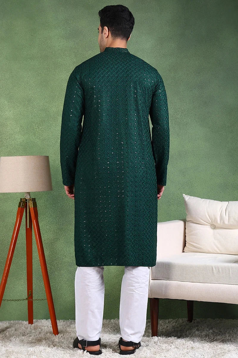 Green Viscose Rayon Solid Embroidered Straight Kurta For Men MKU1011GRN