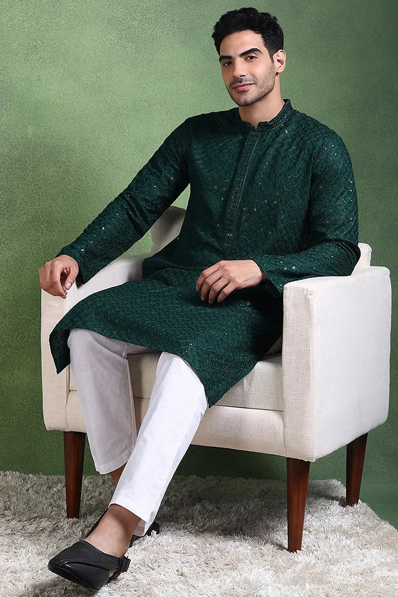 Green Viscose Rayon Solid Embroidered Straight Kurta For Men MKU1011GRN