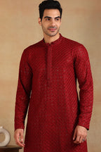 Maroon Viscose Rayon Solid Embroidered Straight Kurta For Men MKU1011MRN