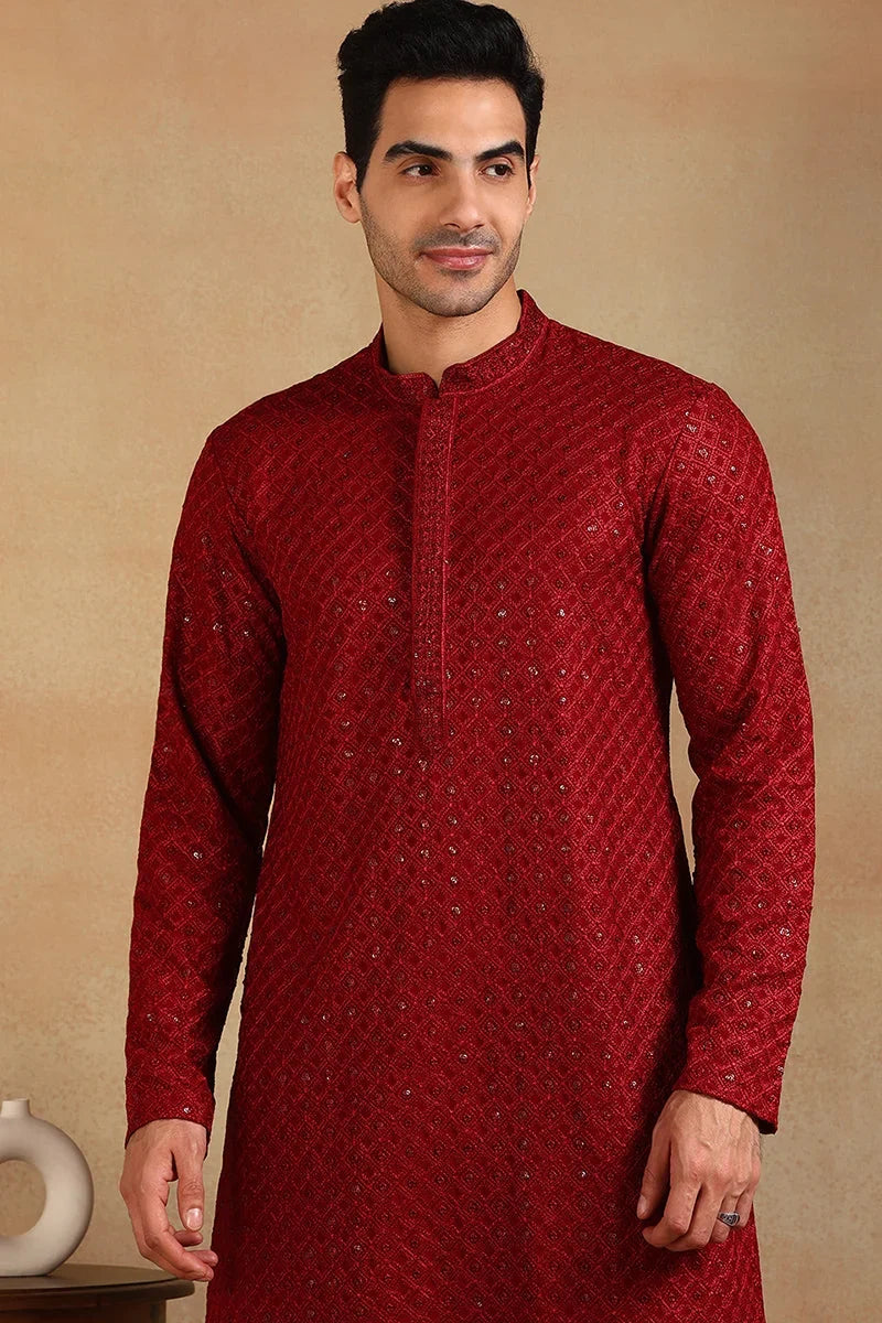 Maroon Viscose Rayon Solid Embroidered Straight Kurta For Men MKU1011MRN
