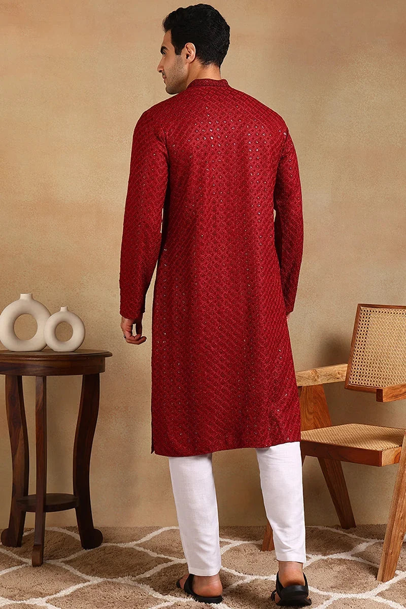 Maroon Viscose Rayon Solid Embroidered Straight Kurta For Men MKU1011MRN