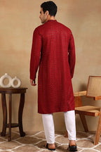 Maroon Viscose Rayon Solid Embroidered Straight Kurta For Men MKU1011MRN