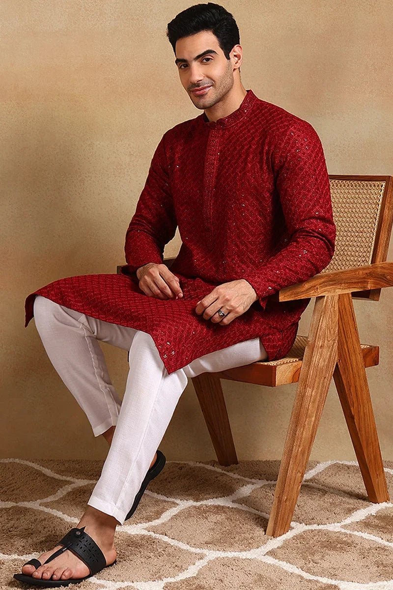 Maroon Viscose Rayon Solid Embroidered Straight Kurta For Men MKU1011MRN