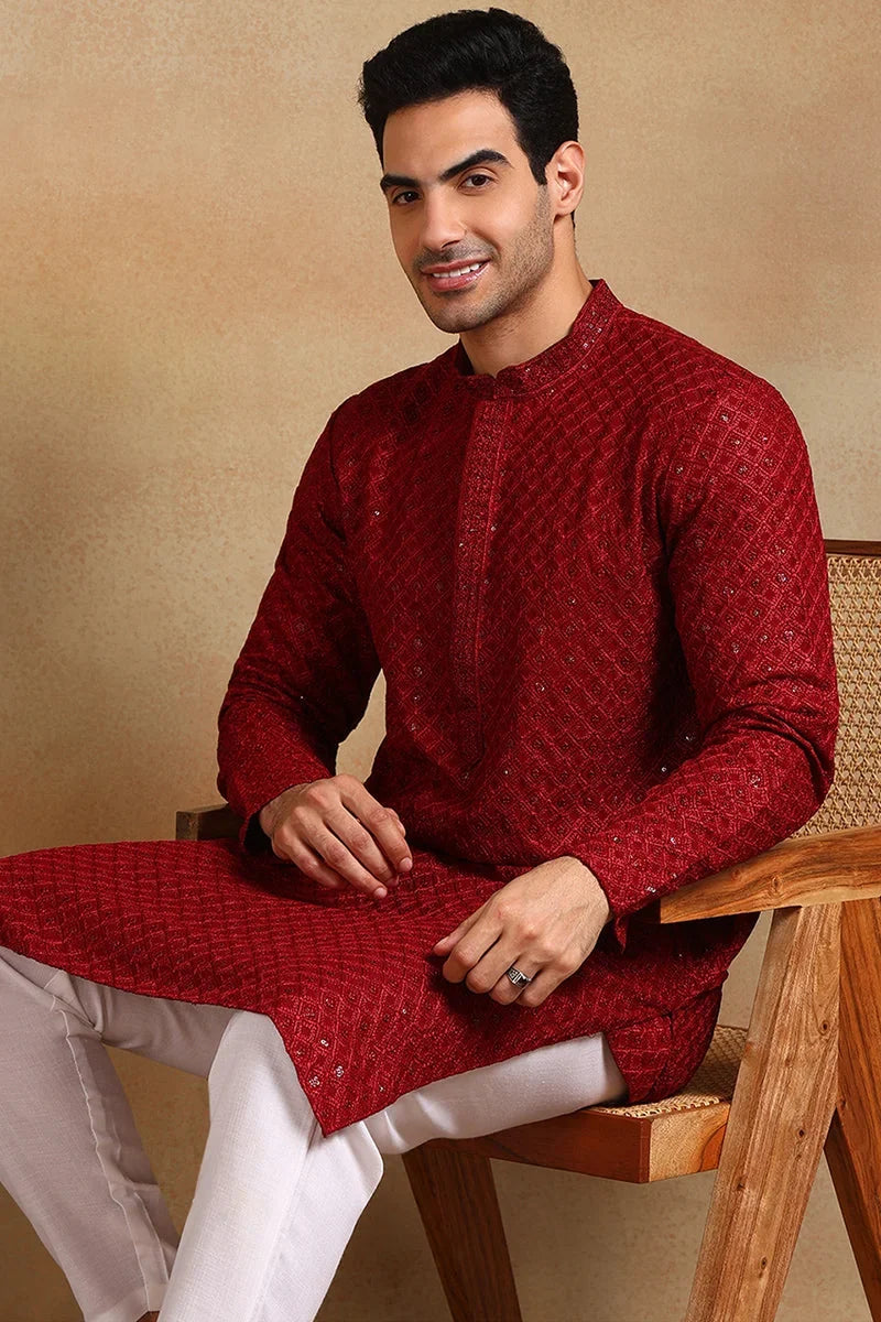 Maroon Viscose Rayon Solid Embroidered Straight Kurta For Men MKU1011MRN