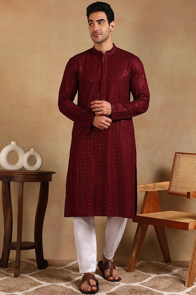 Wine Viscose Rayon Solid Embroidered Straight Kurta For Men MKU1011WIN