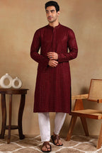 Wine Viscose Rayon Solid Embroidered Straight Kurta For Men MKU1011WIN