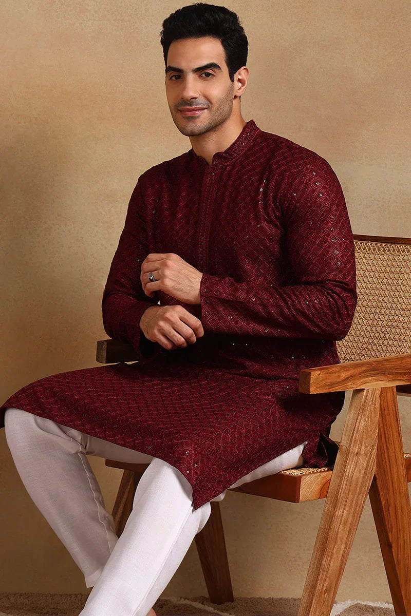 Wine Viscose Rayon Solid Embroidered Straight Kurta For Men MKU1011WIN