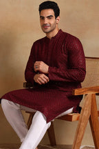 Wine Viscose Rayon Solid Embroidered Straight Kurta For Men MKU1011WIN