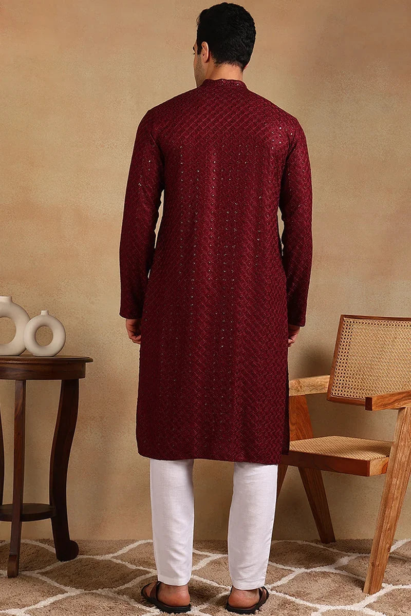 Wine Viscose Rayon Solid Embroidered Straight Kurta For Men MKU1011WIN