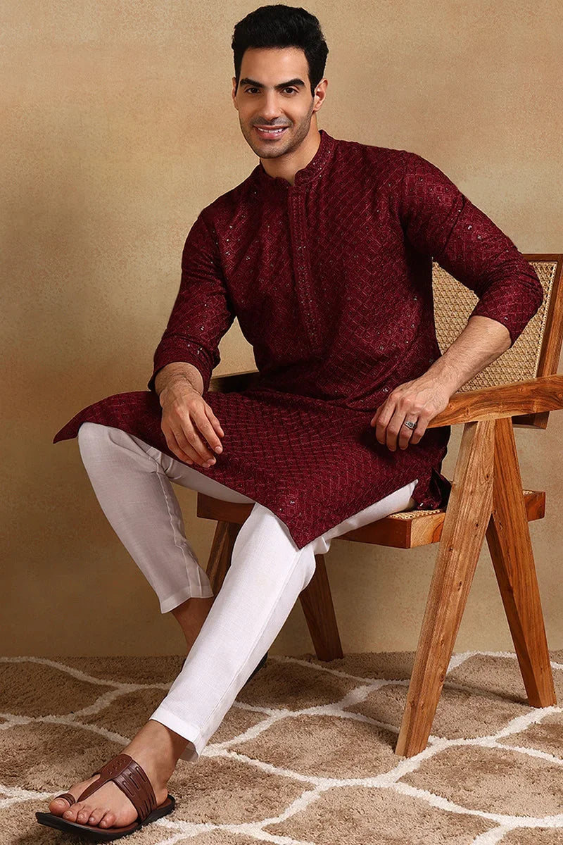 Wine Viscose Rayon Solid Embroidered Straight Kurta For Men MKU1011WIN