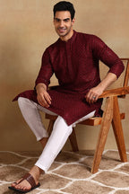 Wine Viscose Rayon Solid Embroidered Straight Kurta For Men MKU1011WIN