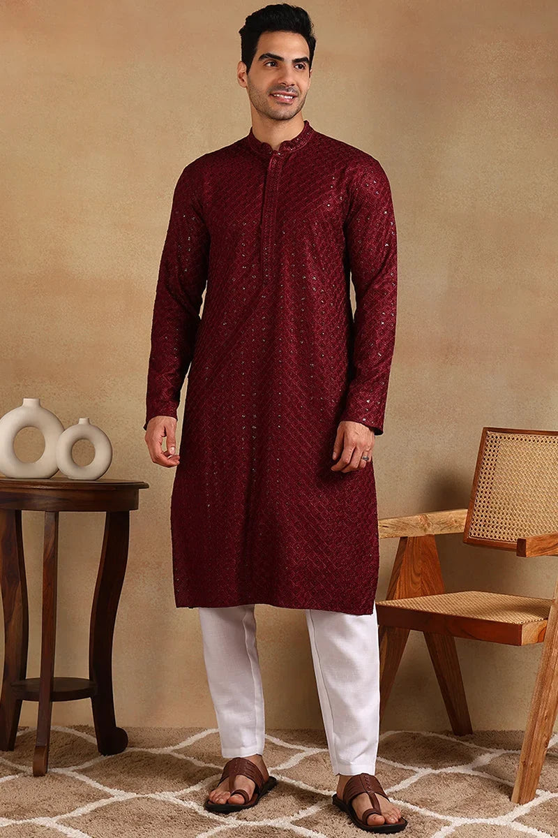 Wine Viscose Rayon Solid Embroidered Straight Kurta For Men MKU1011WIN