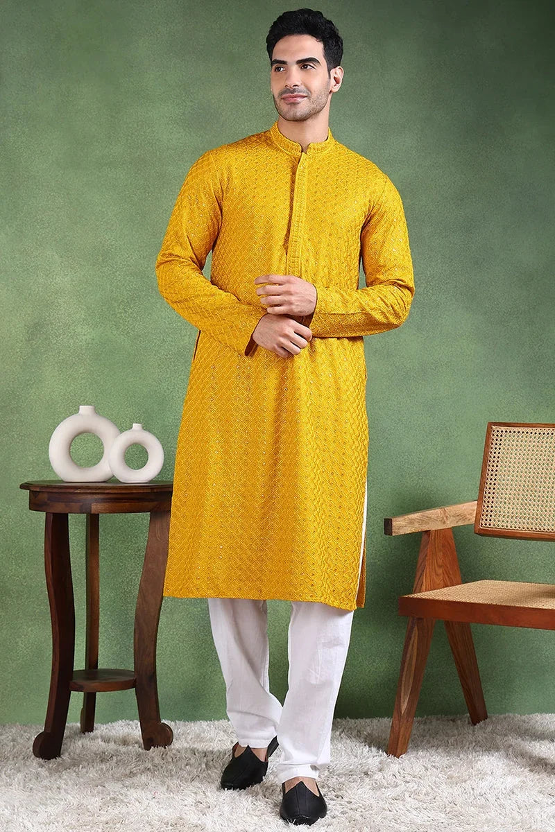 Mustard Viscose Rayon Solid Embroidered Straight Kurta For Men MKU1011YLW