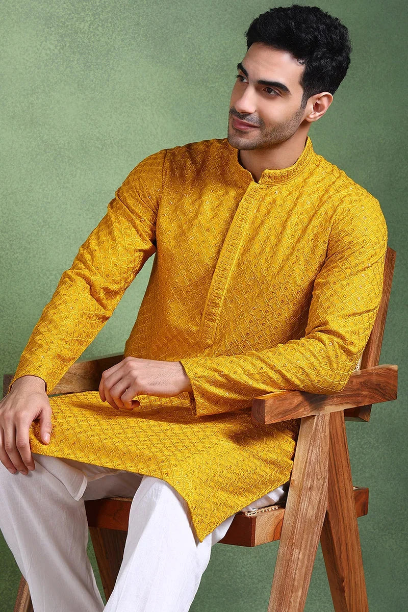 Mustard Viscose Rayon Solid Embroidered Straight Kurta For Men MKU1011YLW