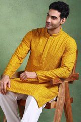 Mustard Viscose Rayon Solid Embroidered Straight Kurta For Men MKU1011YLW
