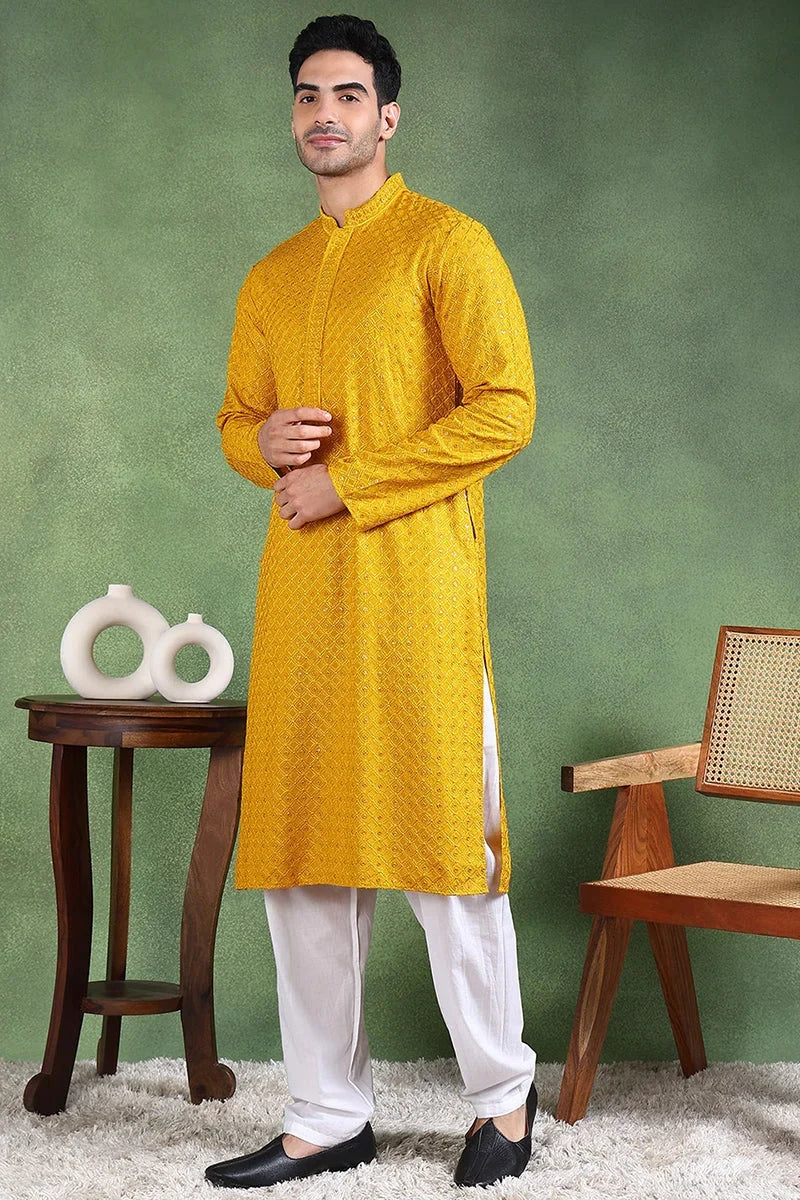 Mustard Viscose Rayon Solid Embroidered Straight Kurta For Men MKU1011YLW