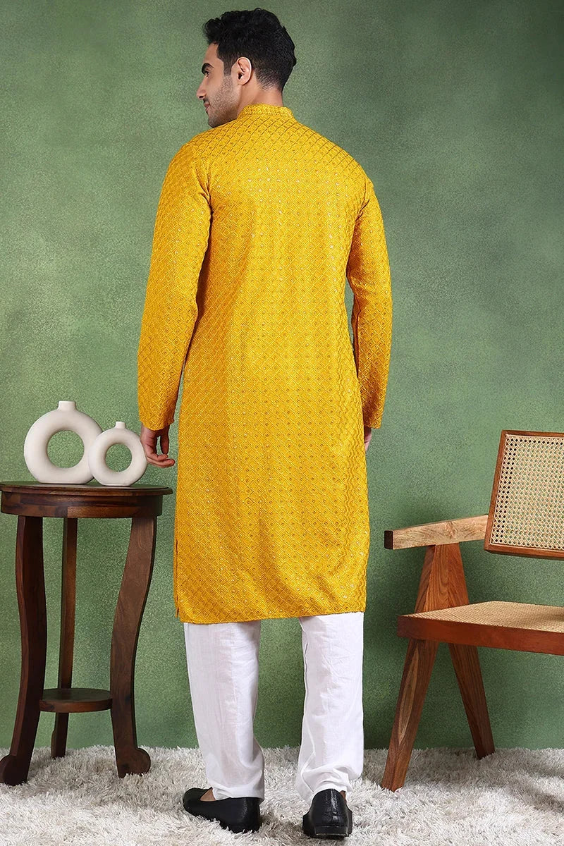 Mustard Viscose Rayon Solid Embroidered Straight Kurta For Men MKU1011YLW
