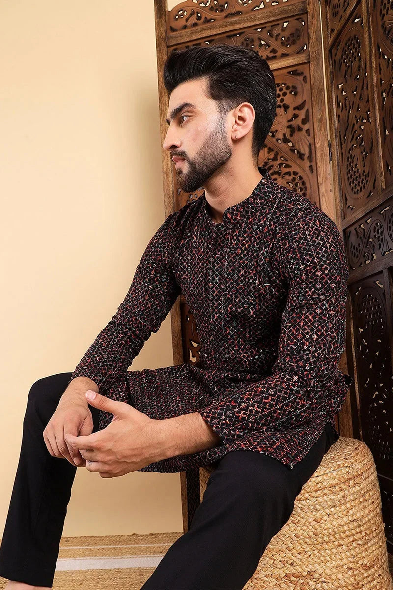 Black Viscose Rayon Ethnic Motifs Embroidered Straight Kurta For Men MKU1013BLK