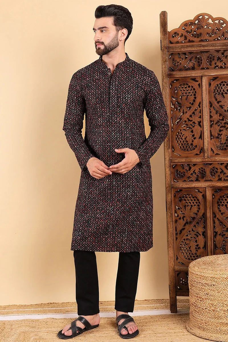 Black Viscose Rayon Ethnic Motifs Embroidered Straight Kurta For Men MKU1013BLK