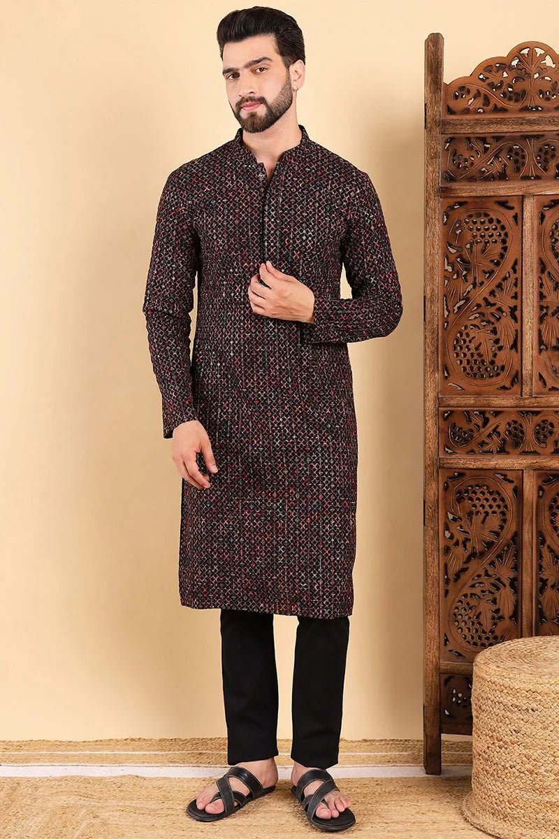 Black Viscose Rayon Ethnic Motifs Embroidered Straight Kurta For Men MKU1013BLK