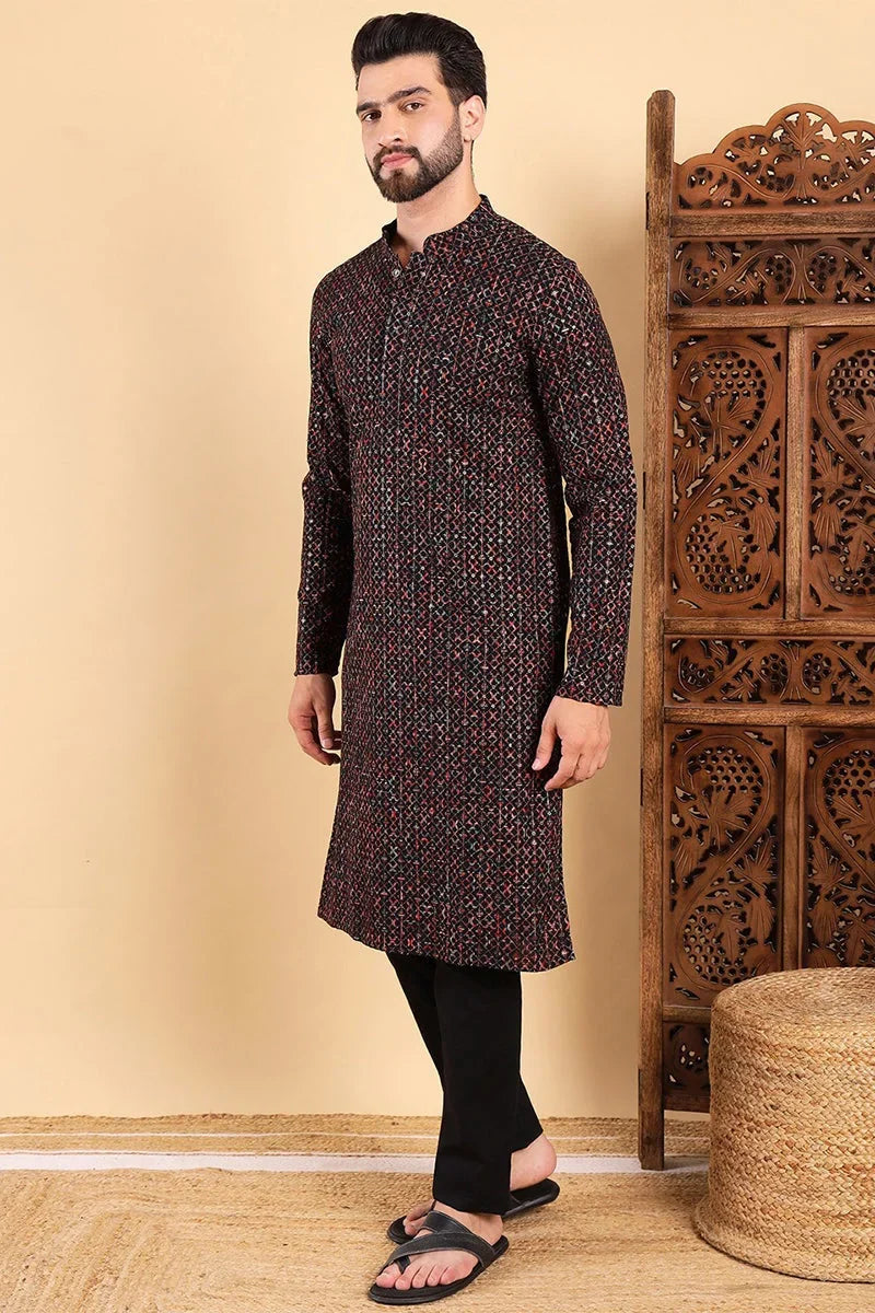 Black Viscose Rayon Ethnic Motifs Embroidered Straight Kurta For Men MKU1013BLK