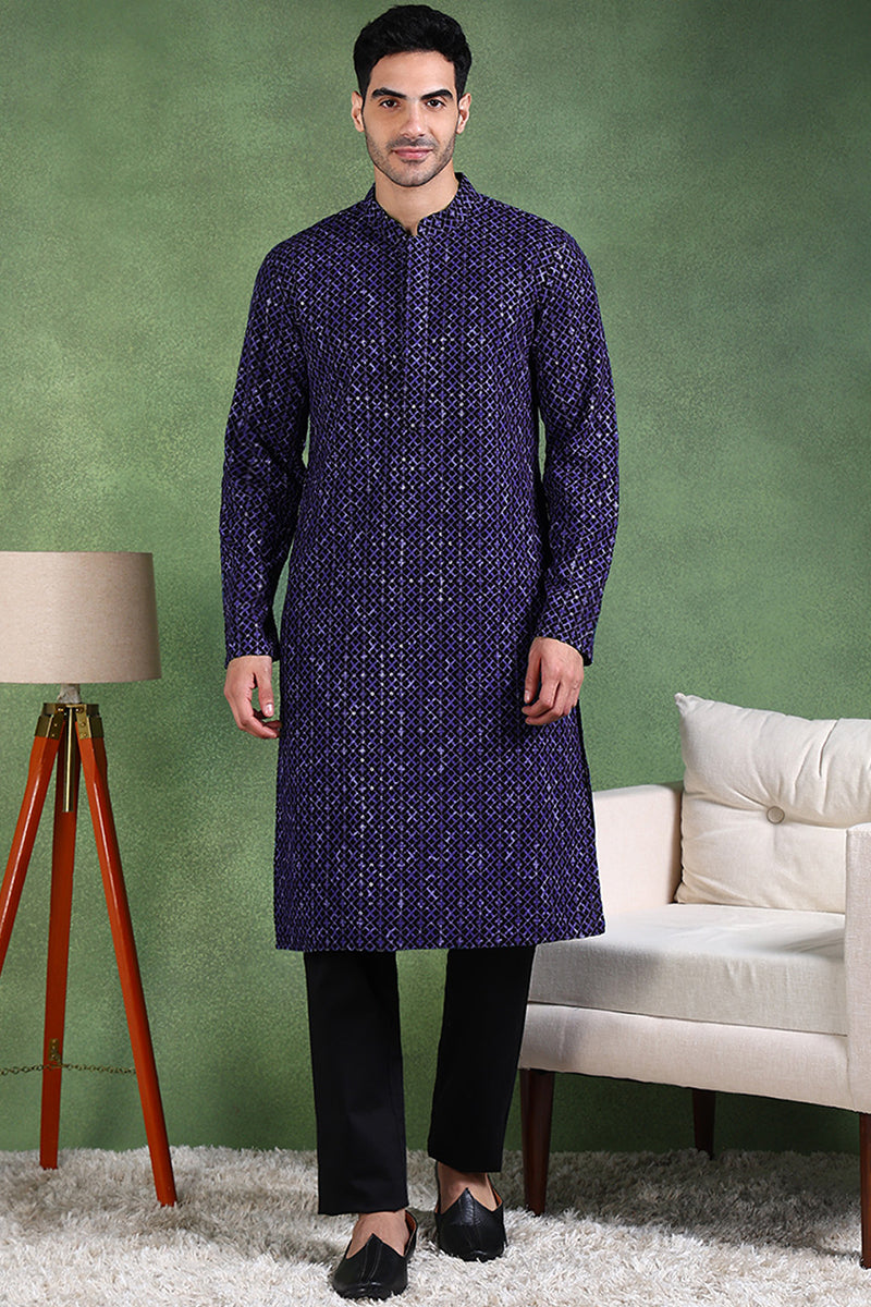 Blue Viscose Rayon Ethnic Motifs Embroidered Straight Kurta For Men MKU1013BLU