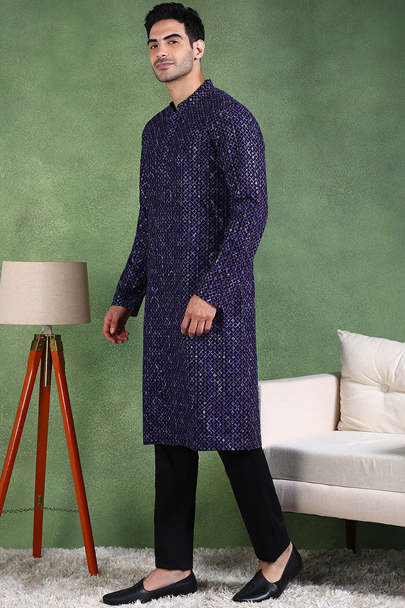 Blue Viscose Rayon Ethnic Motifs Embroidered Straight Kurta For Men MKU1013BLU