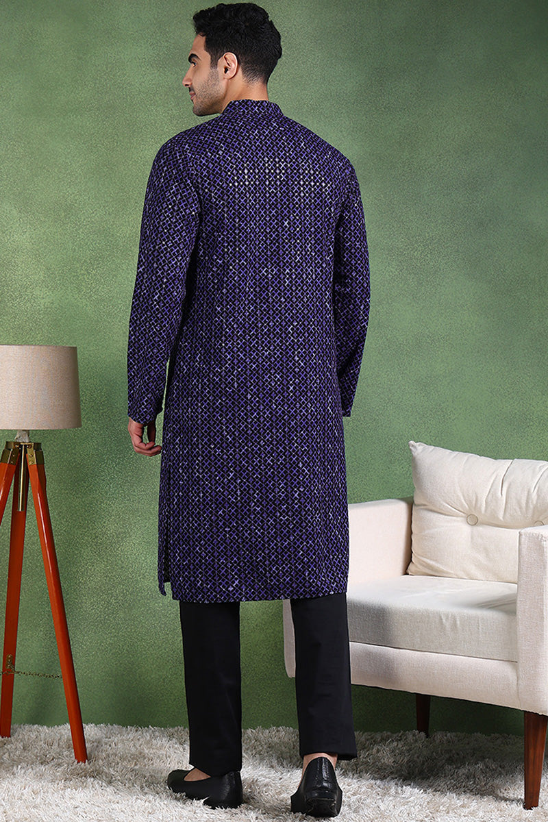 Blue Viscose Rayon Ethnic Motifs Embroidered Straight Kurta For Men MKU1013BLU