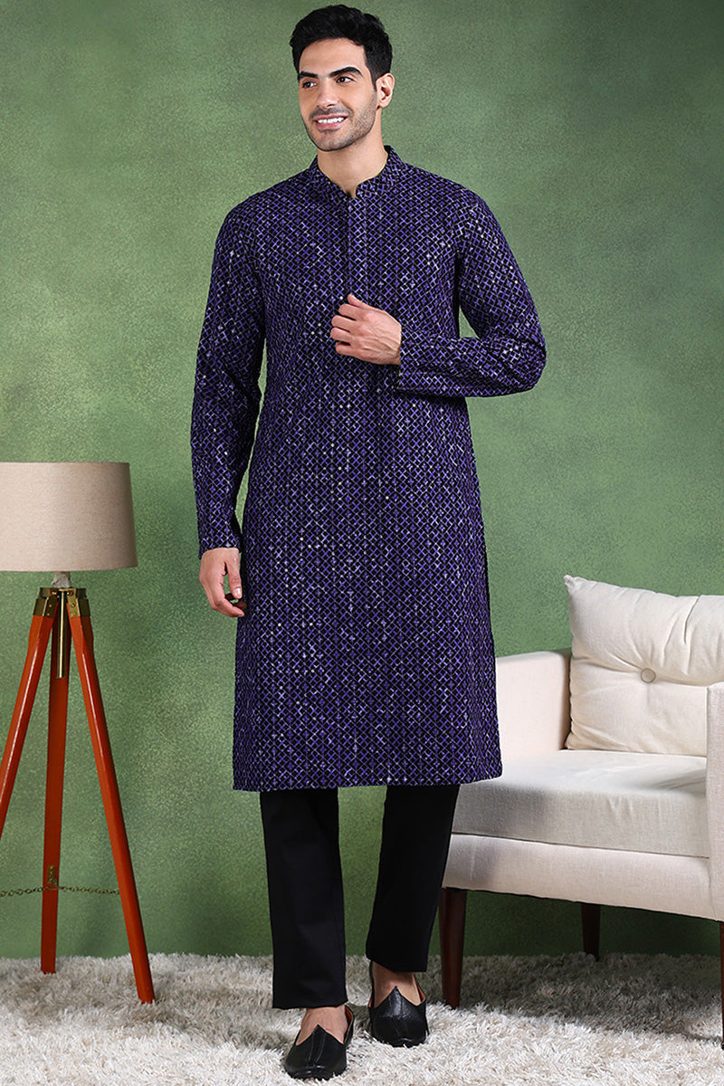 Blue Viscose Rayon Ethnic Motifs Embroidered Straight Kurta For Men MKU1013BLU