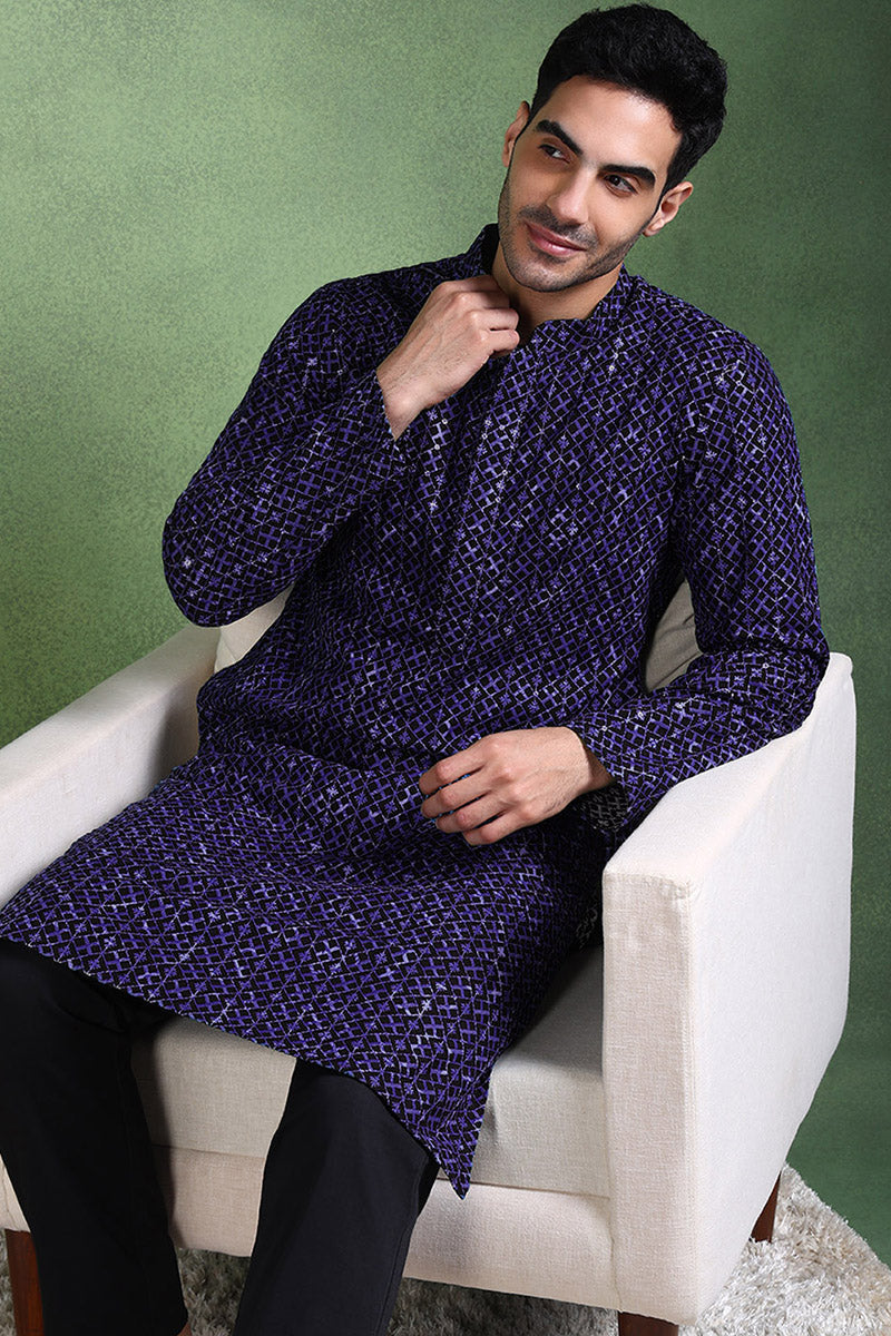 Blue Viscose Rayon Ethnic Motifs Embroidered Straight Kurta For Men MKU1013BLU