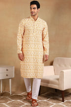 Yellow Viscose Rayon Geometric Embroidered Straight Kurta For Men MKU1015YLW