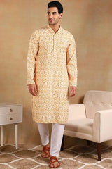 Yellow Viscose Rayon Geometric Embroidered Straight Kurta For Men MKU1015YLW