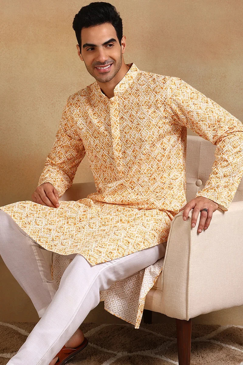 Yellow Viscose Rayon Geometric Embroidered Straight Kurta For Men MKU1015YLW