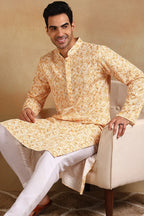 Yellow Viscose Rayon Geometric Embroidered Straight Kurta For Men MKU1015YLW