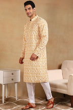 Yellow Viscose Rayon Geometric Embroidered Straight Kurta For Men MKU1015YLW