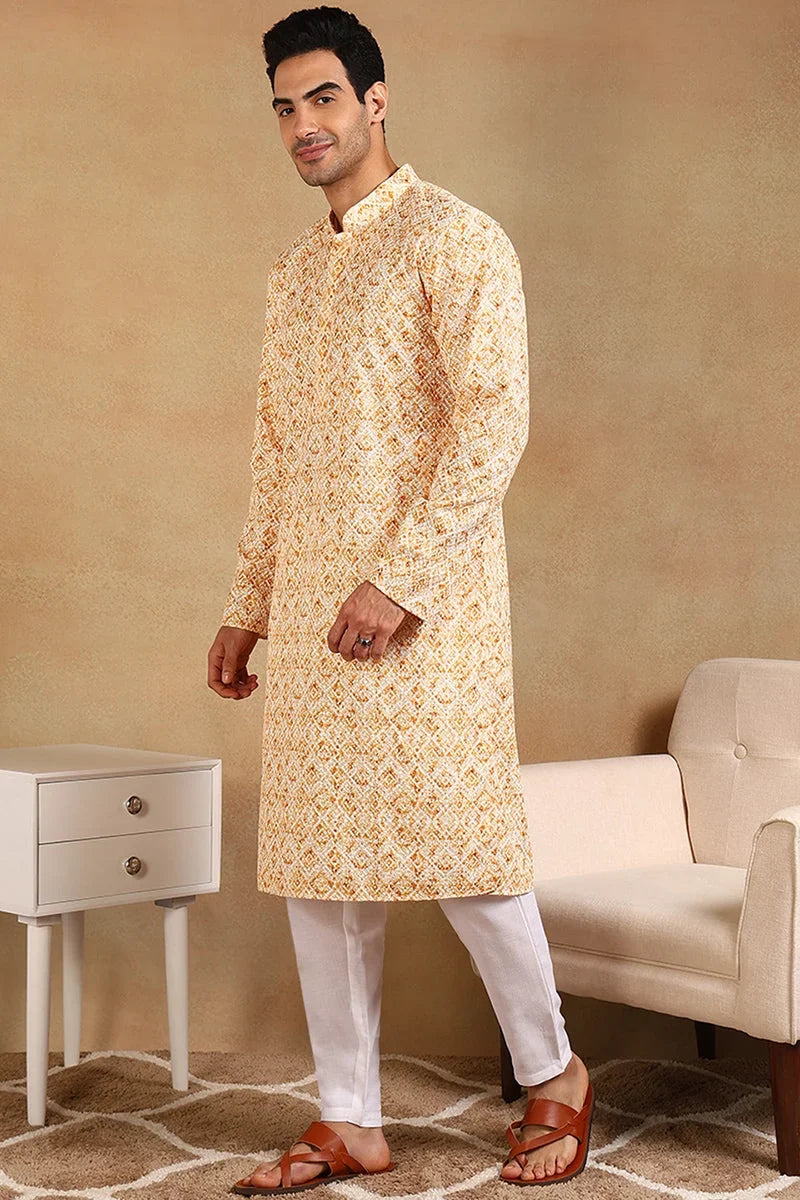 Yellow Viscose Rayon Geometric Embroidered Straight Kurta For Men MKU1015YLW