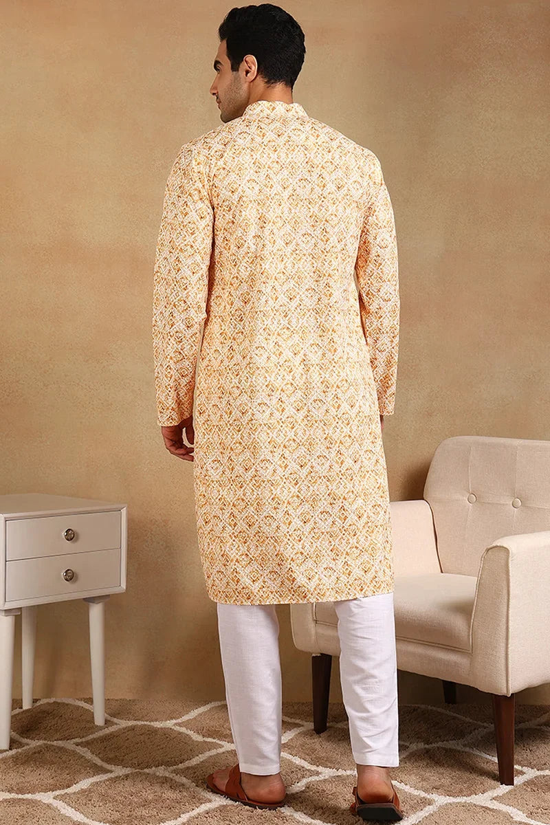 Yellow Viscose Rayon Geometric Embroidered Straight Kurta For Men MKU1015YLW