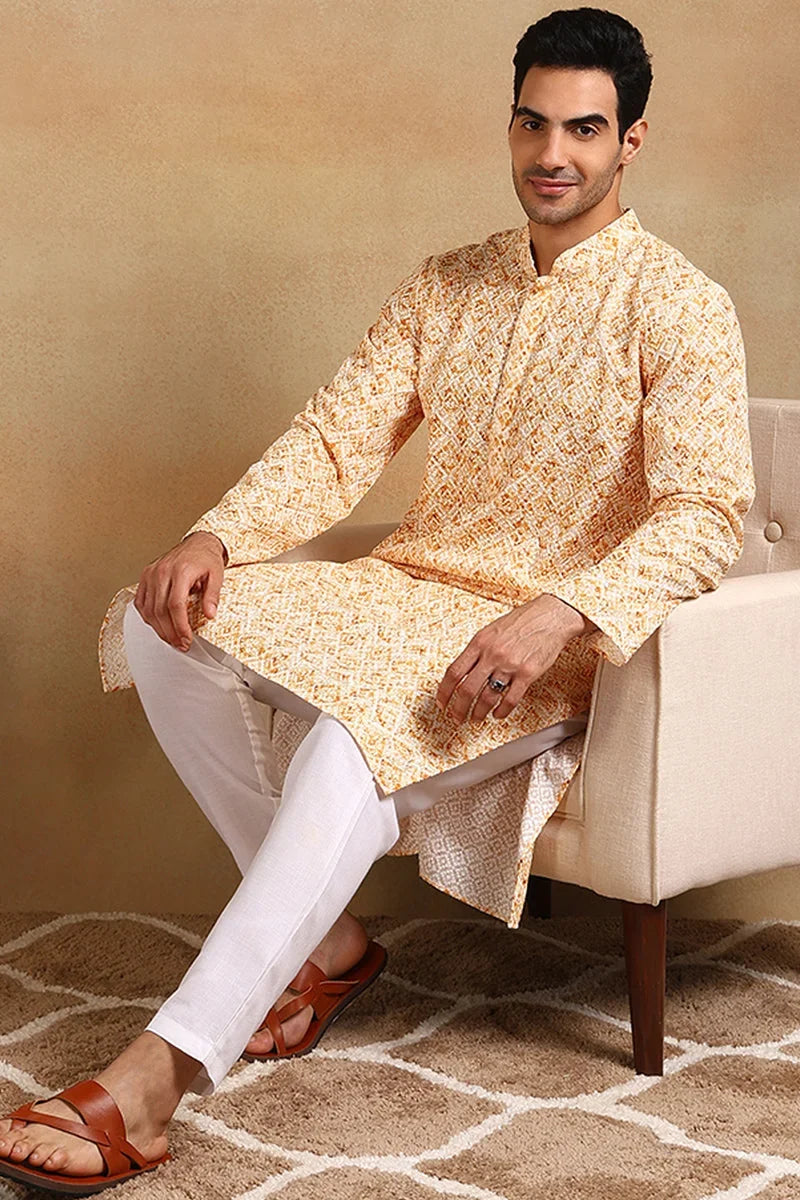 Yellow Viscose Rayon Geometric Embroidered Straight Kurta For Men MKU1015YLW