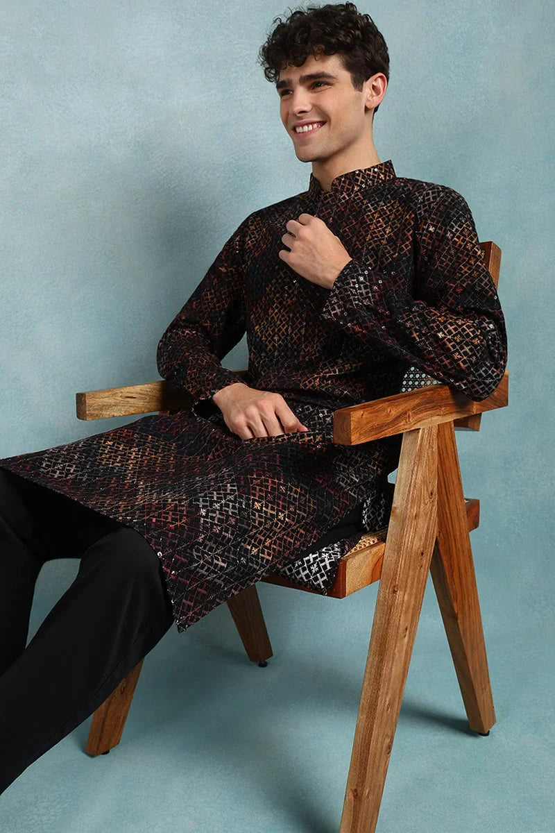 Black Viscose Rayon Ethnic Motifs Embroidered Straight Kurta For Men MKU1020BLK