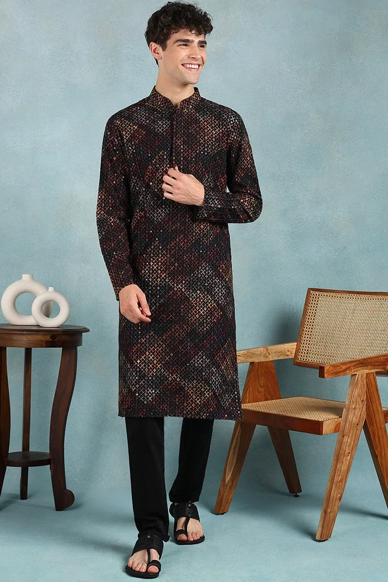 Black Viscose Rayon Ethnic Motifs Embroidered Straight Kurta For Men MKU1020BLK